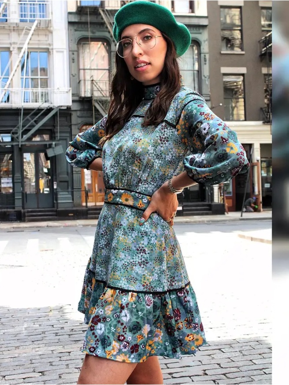 Caroline Vazzana Floral Mock Neck Ruffle Hem Mini Dress Long Sleeves Teal Green